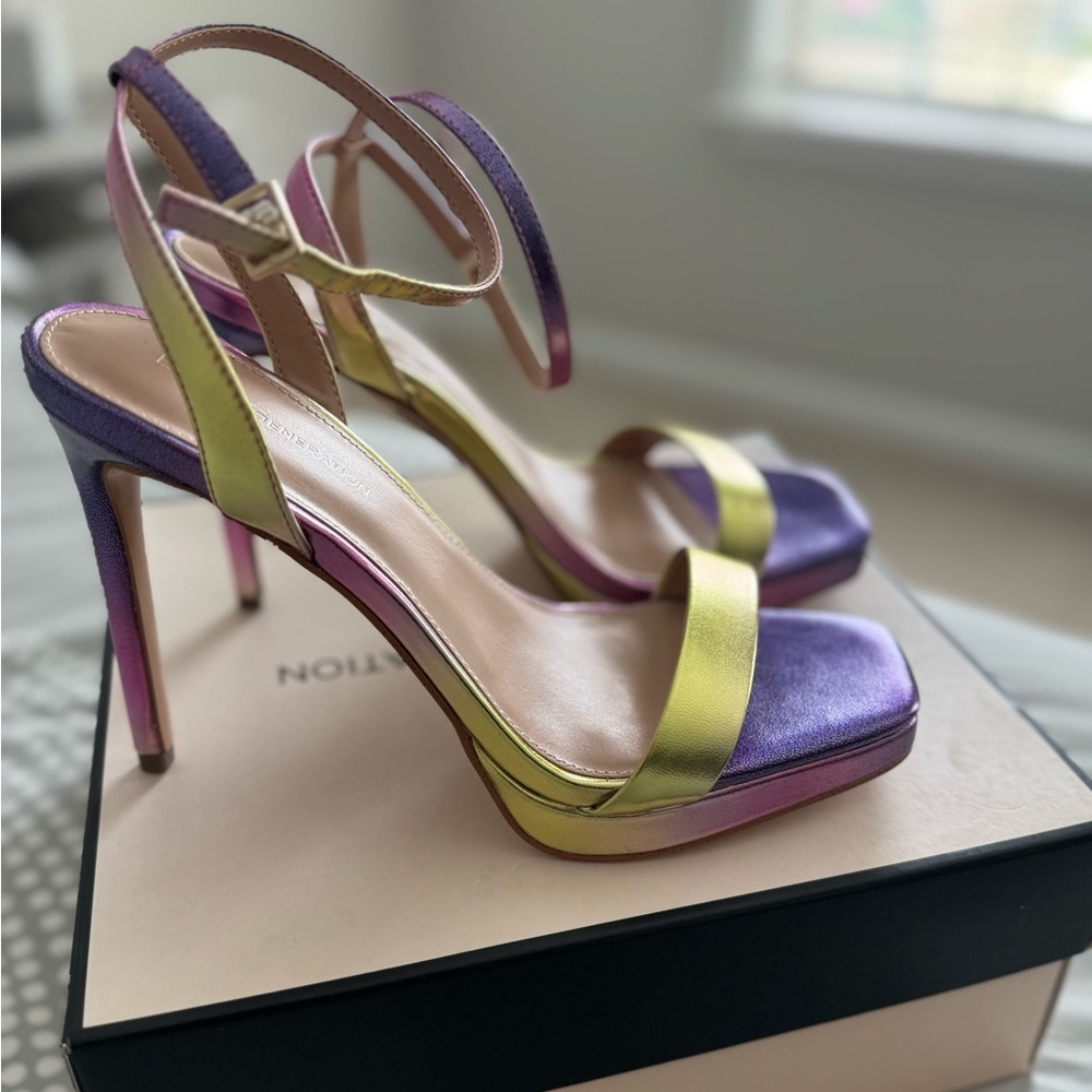 BCBGeneration Purple and Gold Stiletto Heels with Adjustable Ankle Strap